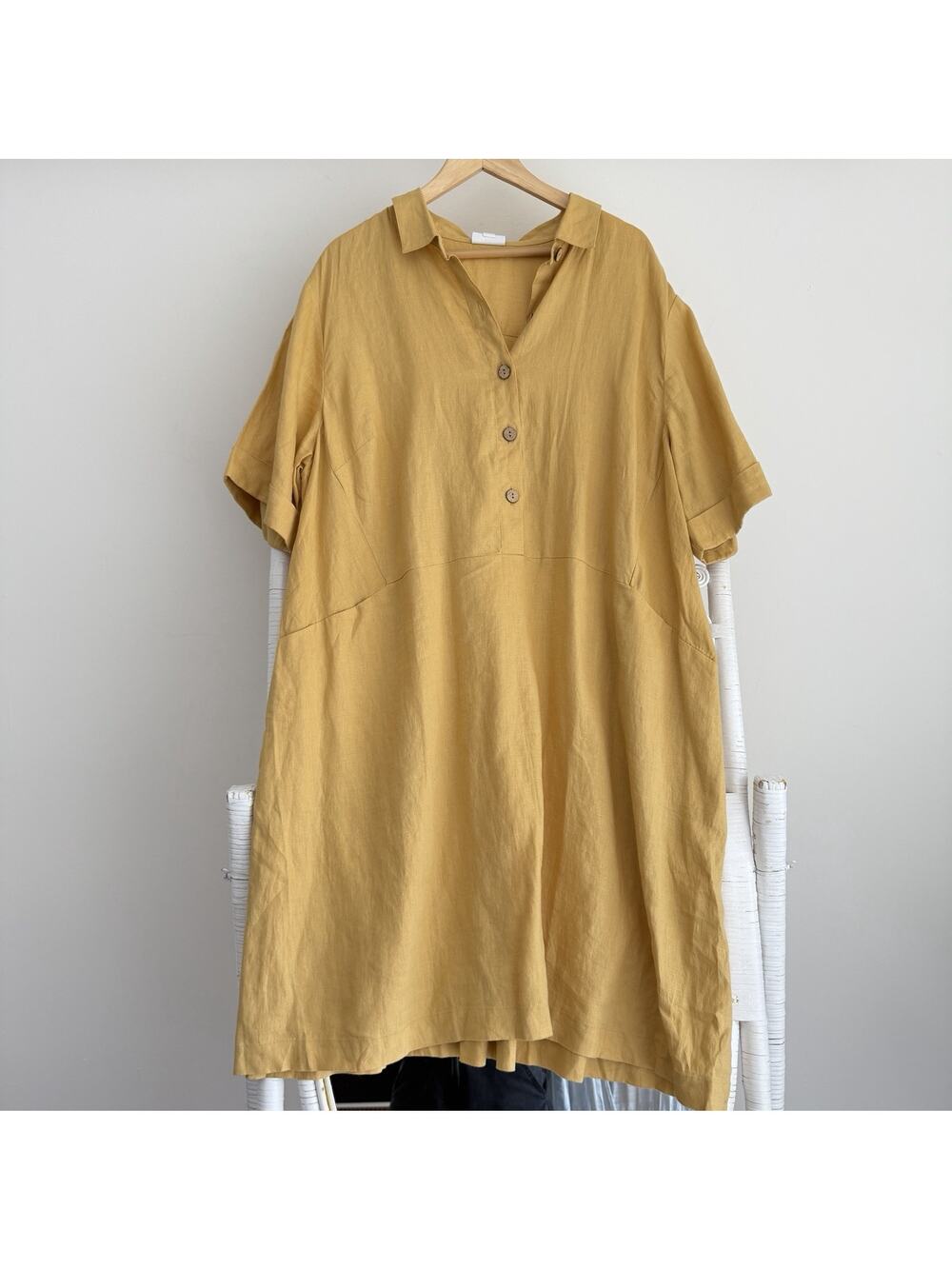 J Jill Love Linen Dress 3X Yellow Pocket Front Coastal Cottage Lagenlook Beach - Picture 1 of 6